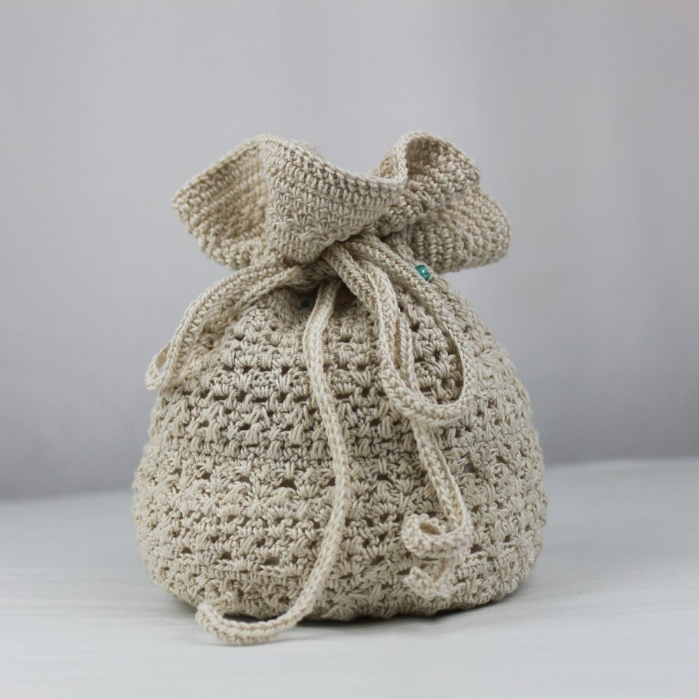 Glass Blue Beaded Cream Crocheted 'Money Bag' Drawstring Pouch Bag